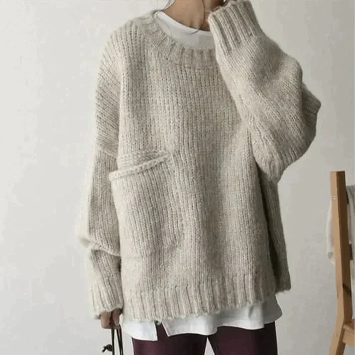 Ivory oversized Pullover mit Tasche vorne