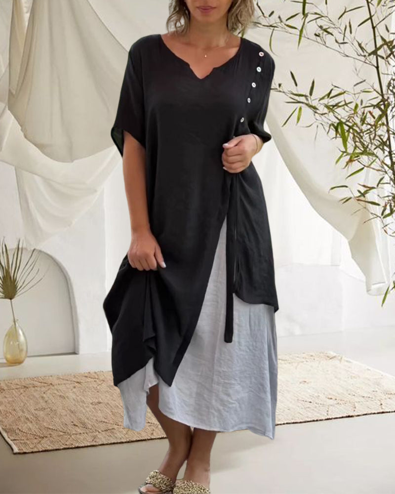 Asymmetrisches Kleid mit kurzen Ärmeln und V-Ausschnitt