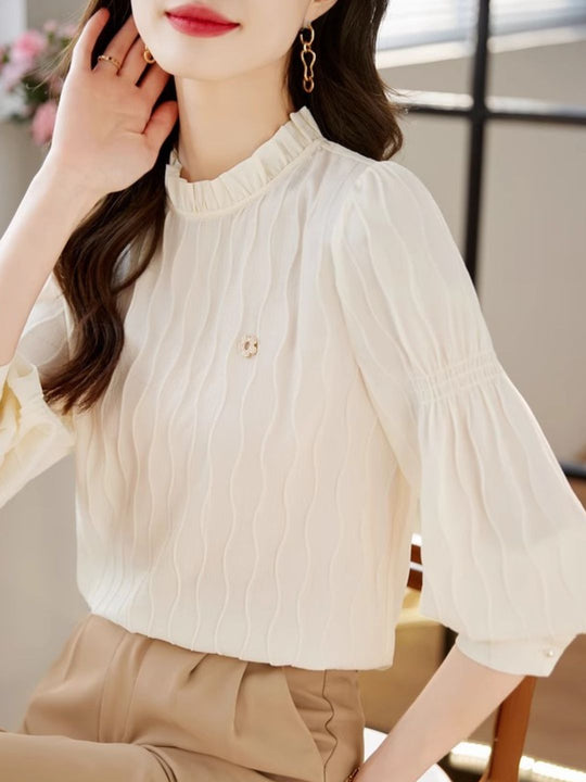 Heidi-Mode | Wavy Textured Stand Collar Top Gelb