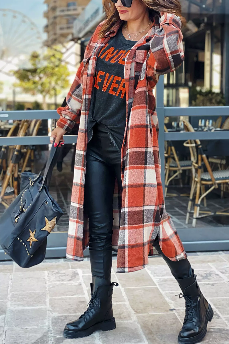 Heidi-Mode | Klappkragen Karoprint Wolle Lange Jacke