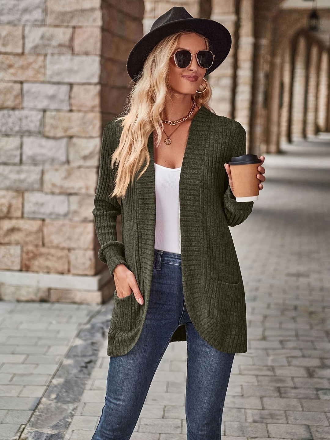 Heidi-Mode | Damen Gerippter Offener Vorderseite Strickjacke Lange Ärmeln Lässig Strickpullover mit Taschen