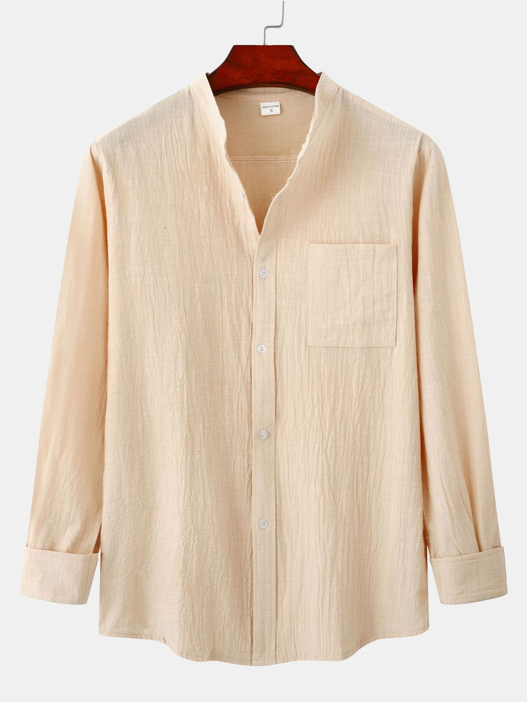 Sleeved Linen Look Stand Collar Shirt & Straight Leg Linen Pants