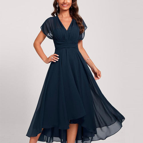 Heidi-Mode | Blaue Midi-Kleid mit Kurzen Ärmeln und Gekrümmter Taille