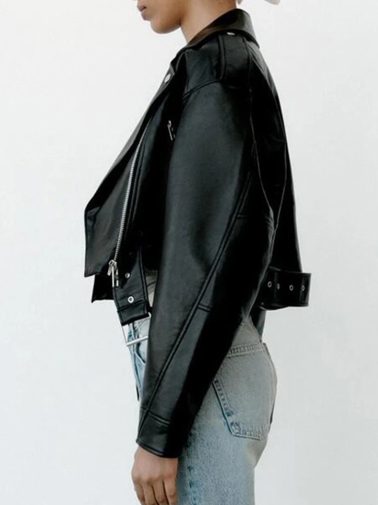 Heidi-Mode | Lederjacke Damen Kurz Biker Modell mit Gürtel und Reißverschlusdetails