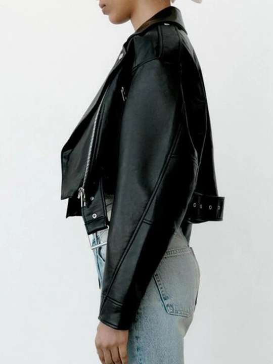 Heidi-Mode | Lederjacke Damen Kurz Biker Modell mit Gürtel und Reißverschlusdetails