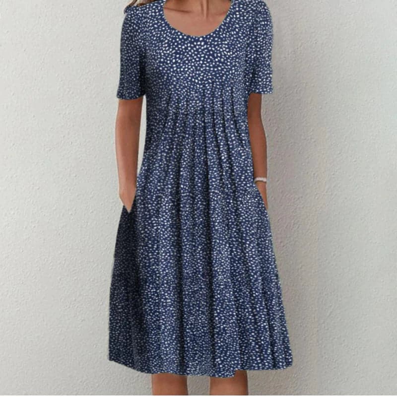 Heidi-Mode | Kleid A-Linie Passform Knielang mit Kurzen Ärmeln Blumenmuster mit Taschen