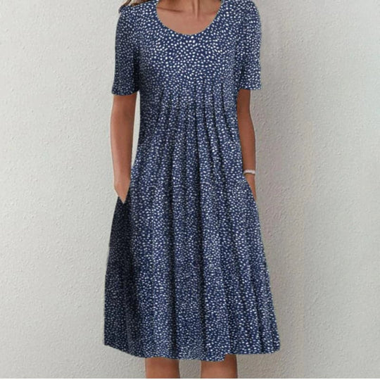 Heidi-Mode | Kleid A-Linie Passform Knielang mit Kurzen Ärmeln Blumenmuster mit Taschen
