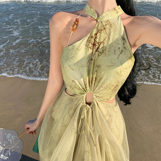 Heidi-Mode | Neue Chinesische Stil Mesh Bambus Verwischte Hohle Halterkleid