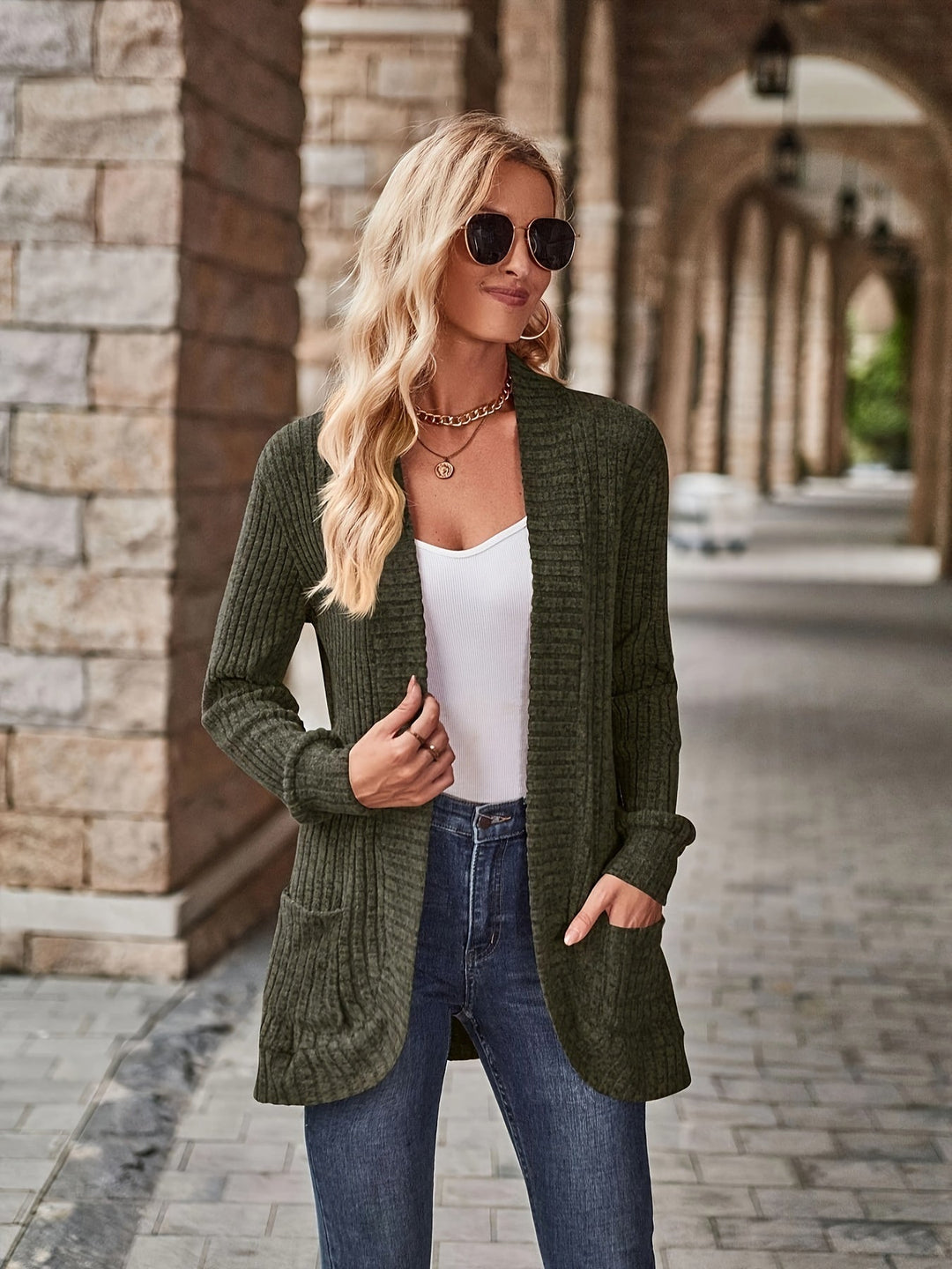 Heidi-Mode | Damen Gerippter Offener Vorderseite Strickjacke Lange Ärmeln Lässig Strickpullover mit Taschen