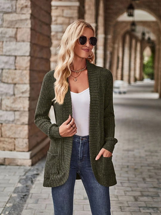 Heidi-Mode | Damen Gerippter Offener Vorderseite Strickjacke Lange Ärmeln Lässig Strickpullover mit Taschen