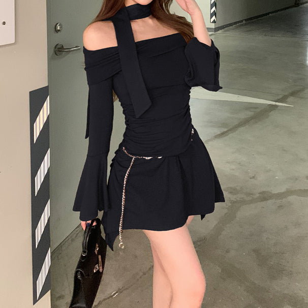 Heidi-Mode | Off Shoulder Trompetenärmel Einfarbig Hip Kleid
