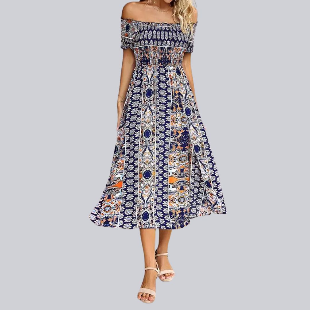 Langes Boho-Kleid mit freien Schultern und Rüschen