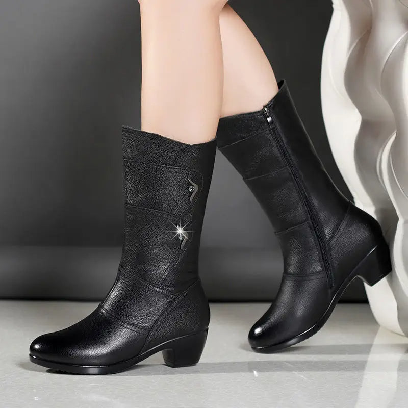Heidi-Mode | Damen Mid-Calf Plattform Keil Absatz Chunky Heel Stiefeletten