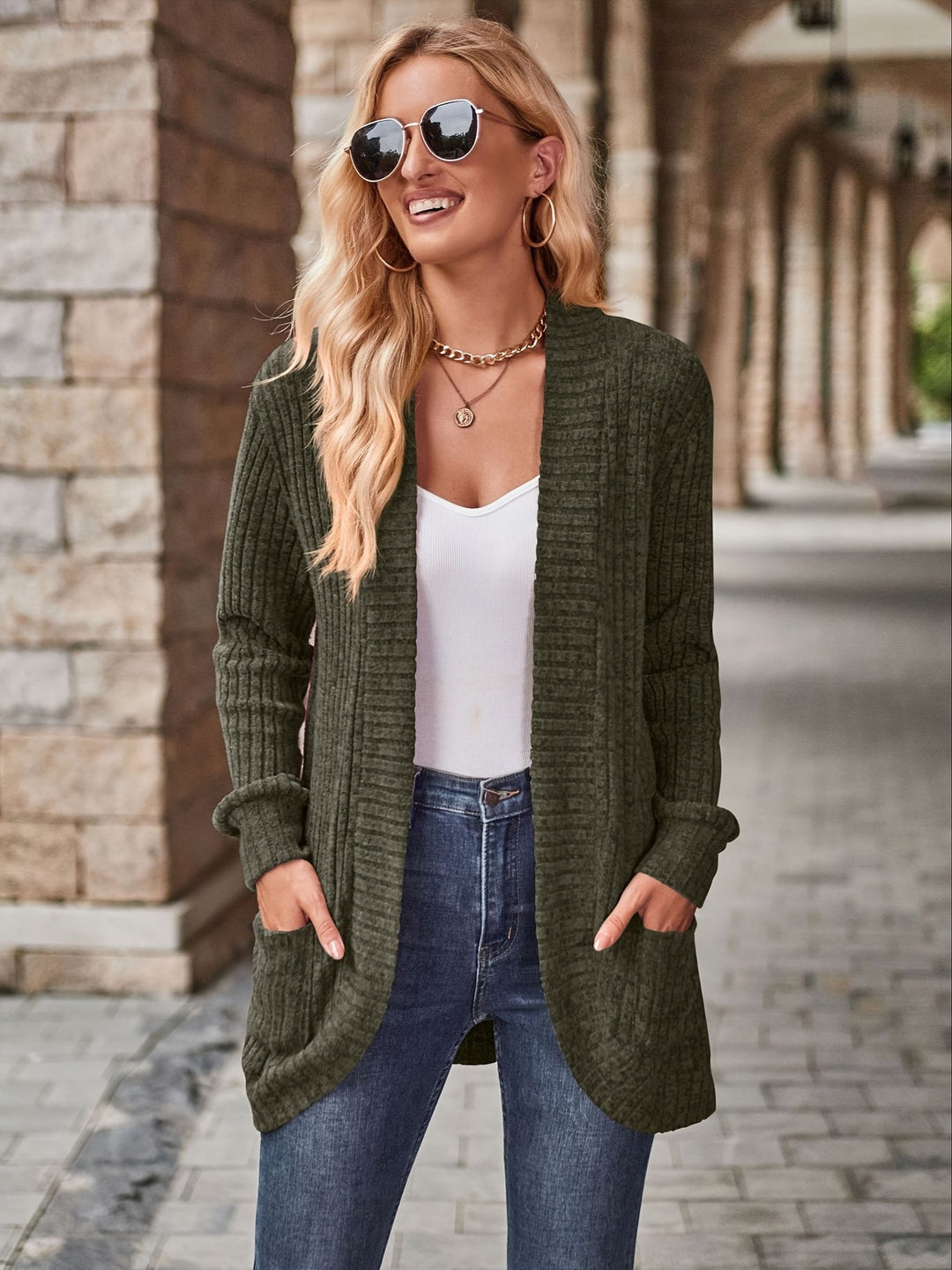 Heidi-Mode | Damen Gerippter Offener Vorderseite Strickjacke Lange Ärmeln Lässig Strickpullover mit Taschen