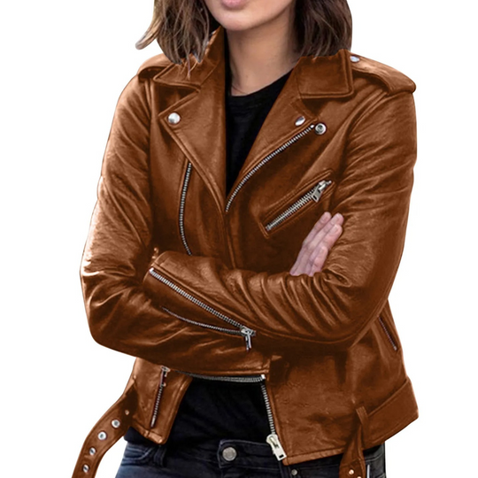Heidi-Mode | Lederjacke Damen Biker Modell mit Gürtel und Reißverschlussdetails