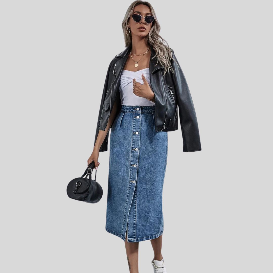 denim midirok met knoopsluiting