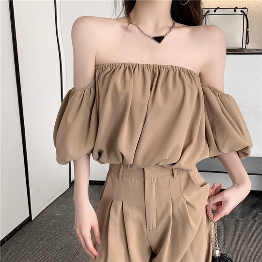 Heidi-Mode | Puffärmel Off Shoulder Top Anzug Breite Hosen Satz