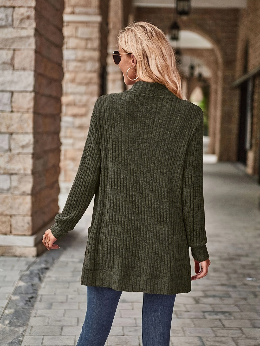 Heidi-Mode | Damen Gerippter Offener Vorderseite Strickjacke Lange Ärmeln Lässig Strickpullover mit Taschen