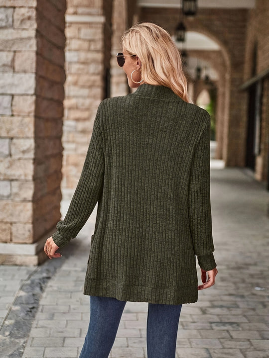 Heidi-Mode | Damen Gerippter Offener Vorderseite Strickjacke Lange Ärmeln Lässig Strickpullover mit Taschen