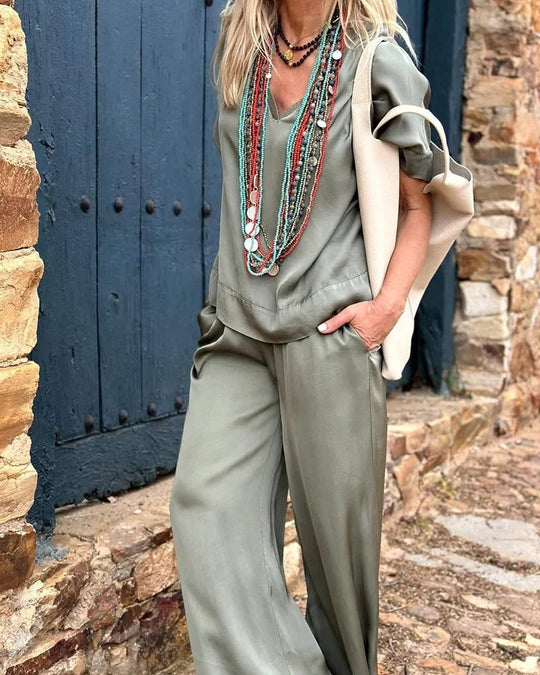 Heidi-Mode | Elegantes Weißes V-Ausschnitt Top & Weitbeinige Hose Set