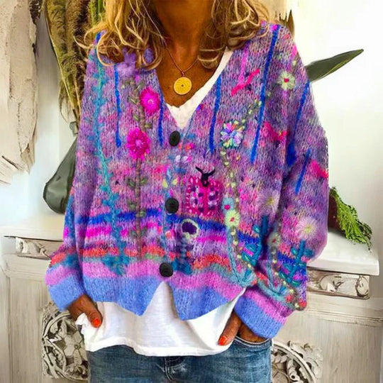 Heidi-Mode | Damen Knopf Blumen Cardigan aus Daunen Warm