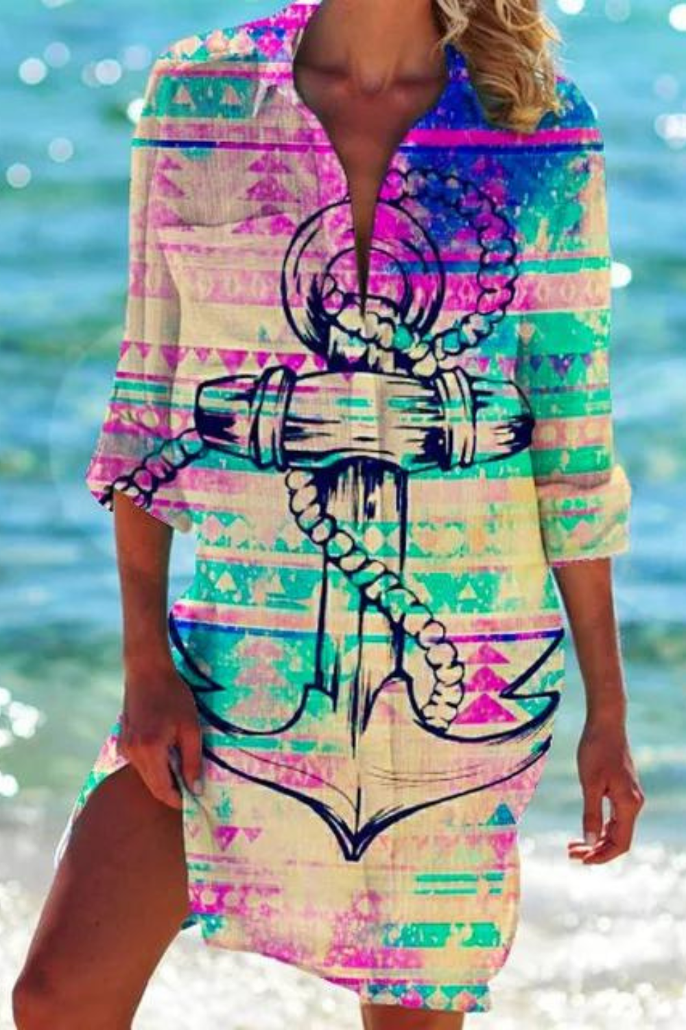 Heidi-Mode - Lange Strandbluse mit Meeresmotiv