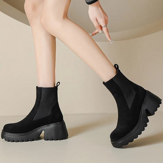 Heidi-Mode | Damen Chelsea Boots mit Dickem Absatz und Elastischen Seiten