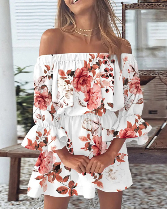 the-shoulder jurk met boho bladprint