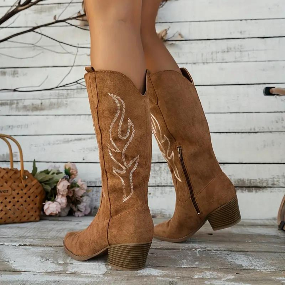 Heidi-Mode | Cowboy Stiefel Retro Chunky Heel Spitzstiefel mit Stylischem Seitenreißverschluss