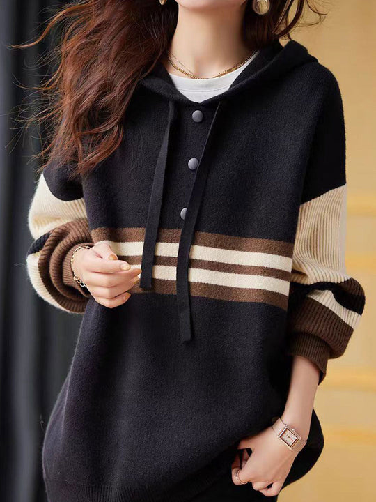 Heidi-Mode | Hoodie Casual Kontrastfarbe Gestrickter Hoodie