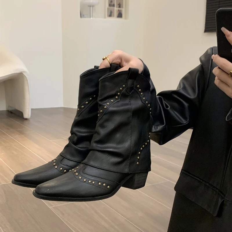 Heidi-Mode | Kurze Western Stiefel mit Nieten & Mittelhohem Absatz Damen Cowboy Stiefel