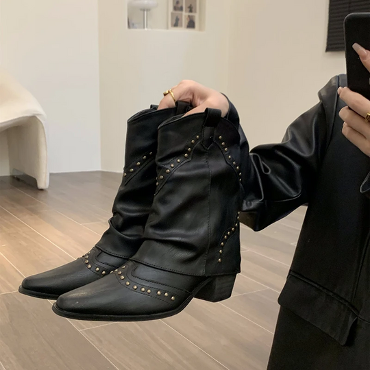 Heidi-Mode | Kurze Western Stiefel mit Nieten & Mittelhohem Absatz Damen Cowboy Stiefel