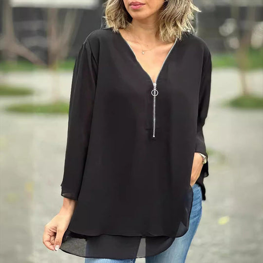 Heidi-Mode | Chiffon Reißverschluss Top mit V-Ausschnitt