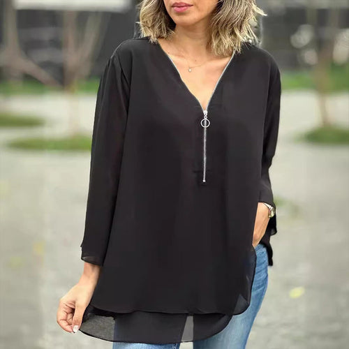 Heidi-Mode | Chiffon Reißverschluss Top mit V-Ausschnitt