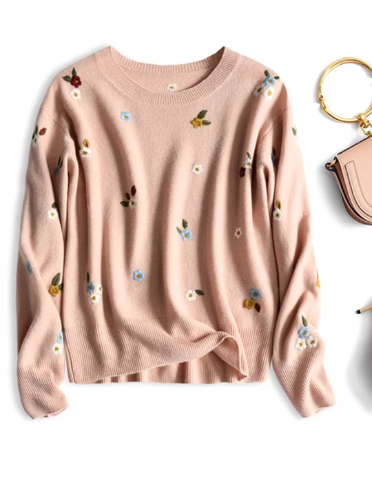 Heidi-Mode | Klassischer Rundhalsbestickter Pullover Pink