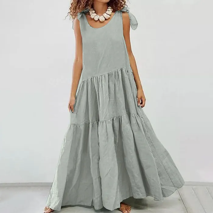 Mode Fest Farbe Schnürung Weste Casual geraffte Maxi Kleid