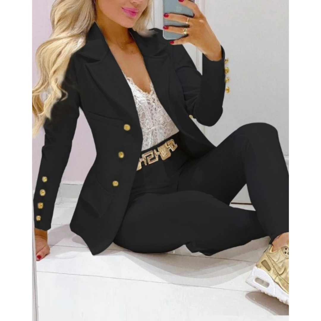 Heidi-Mode | Zweiteiliges Satz Kapuze Kragen Doppelreihe Damen Blazer