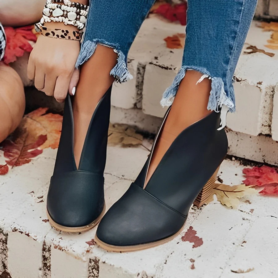 Heidi-Mode | Damen Hohe Ferse Ankle Boots, V-form Öffnung, Slipper, Chic und Elegant