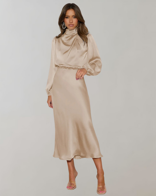 elegantes Satin-Abendkleid mit langen Ärmeln