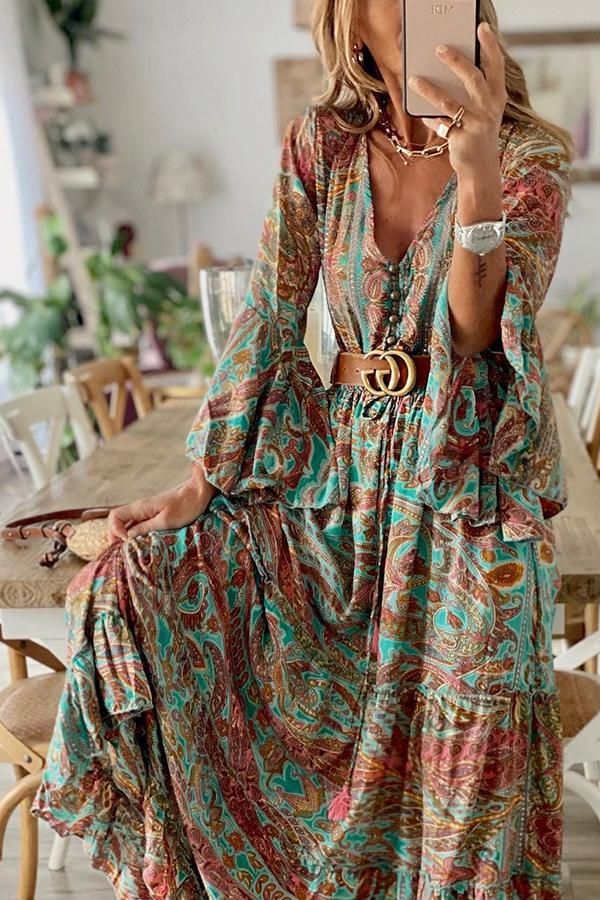Heidi-Mode | Damen Bohemianpaisley Druck & Trompetenärmel Kleid Maxi