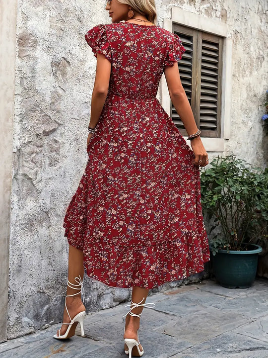 Heidi – Florales Kleid Mit V-ausschnitt Und Eleganten Rüschenärmeln