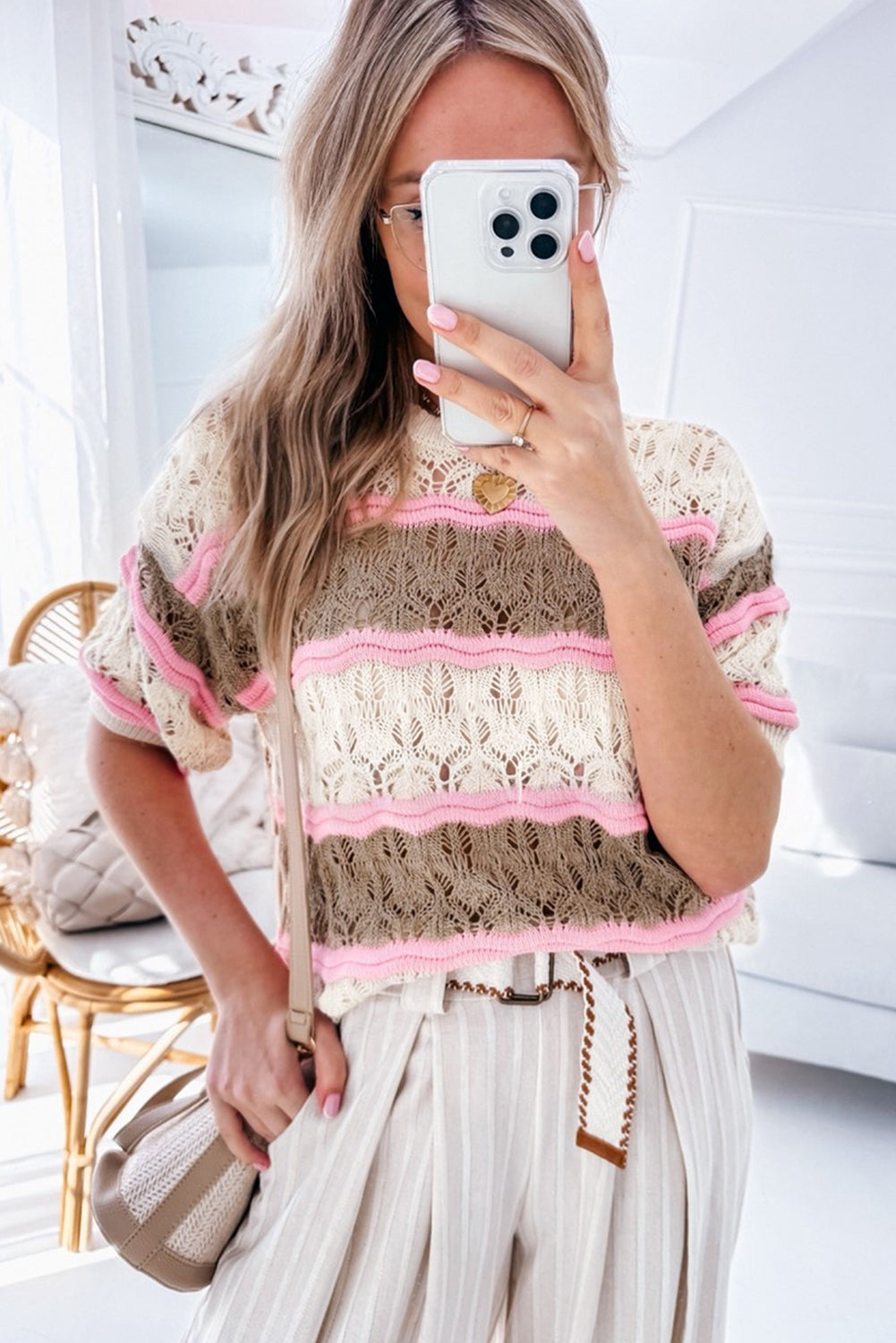 Stripe Color Block Hollow Out Crochet Half Sleeve Pullover