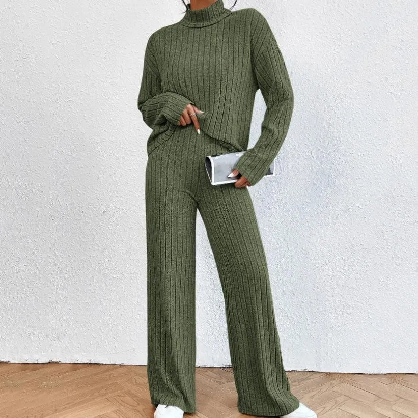 Heidi-Mode | Zwei-teiliges Set aus gestricktem langärmligem Kleid für Frauen und weiten Hosen