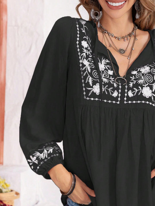 Heidi-Mode | Florale Bindekragen Bluse mit Ballonärmeln