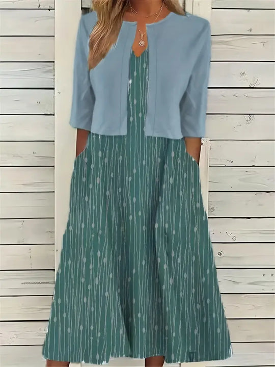 Heidi-Mode | Elegante Zweiteilige Blumenkleid-Set mit Einfarbigem Crop-Top und Rundhalskleid