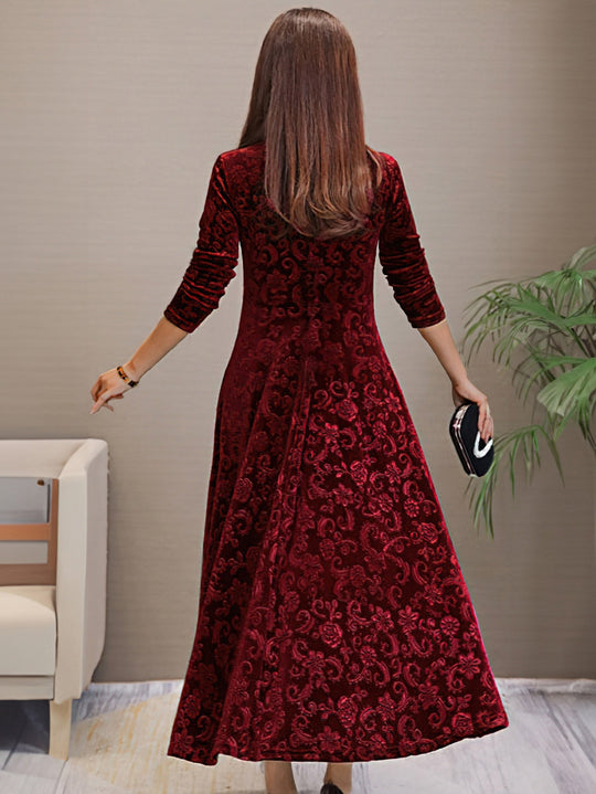 Heidi-Mode | Stilvolles Samtkleid mit Blumenmuster, V-Ausschnitt und Langen Ärmeln für Damen Ideal für Den Sommer
