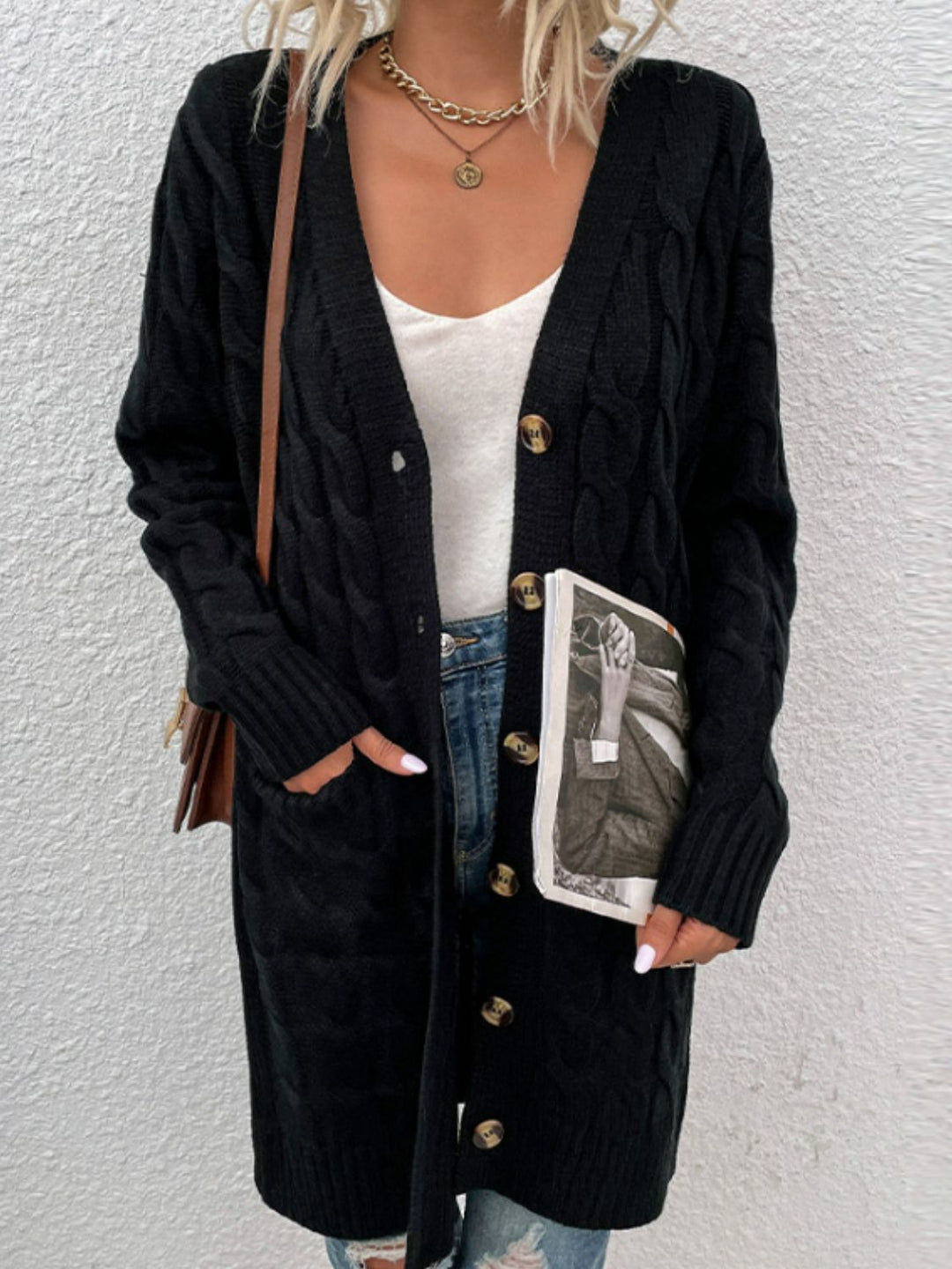 Heidi-Mode | Kabelstrick Knopfverschluss Cardigan mit Taschen