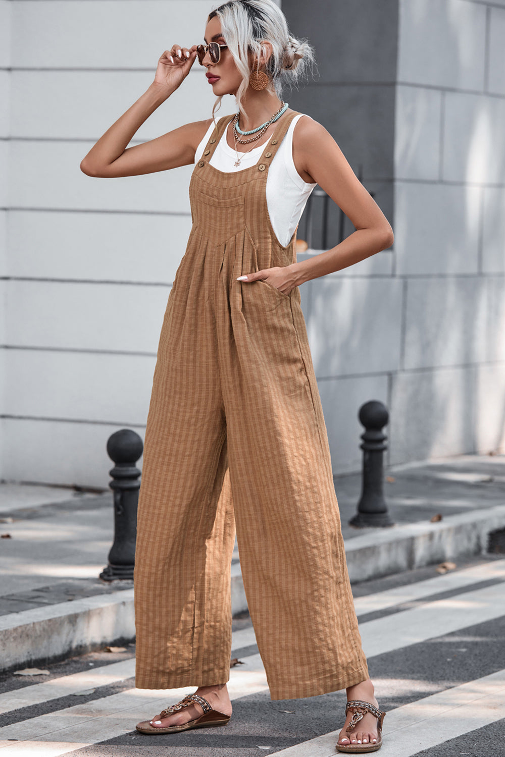 Heidi-Mode | Textured Button Width Leg Shape Overalls