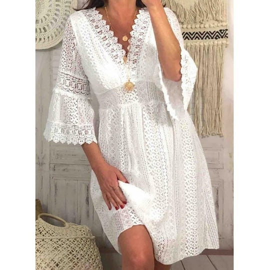 Heidi Mode | V-Ausschnitt hohle Spitze Horn Ärmel Kleid Rock