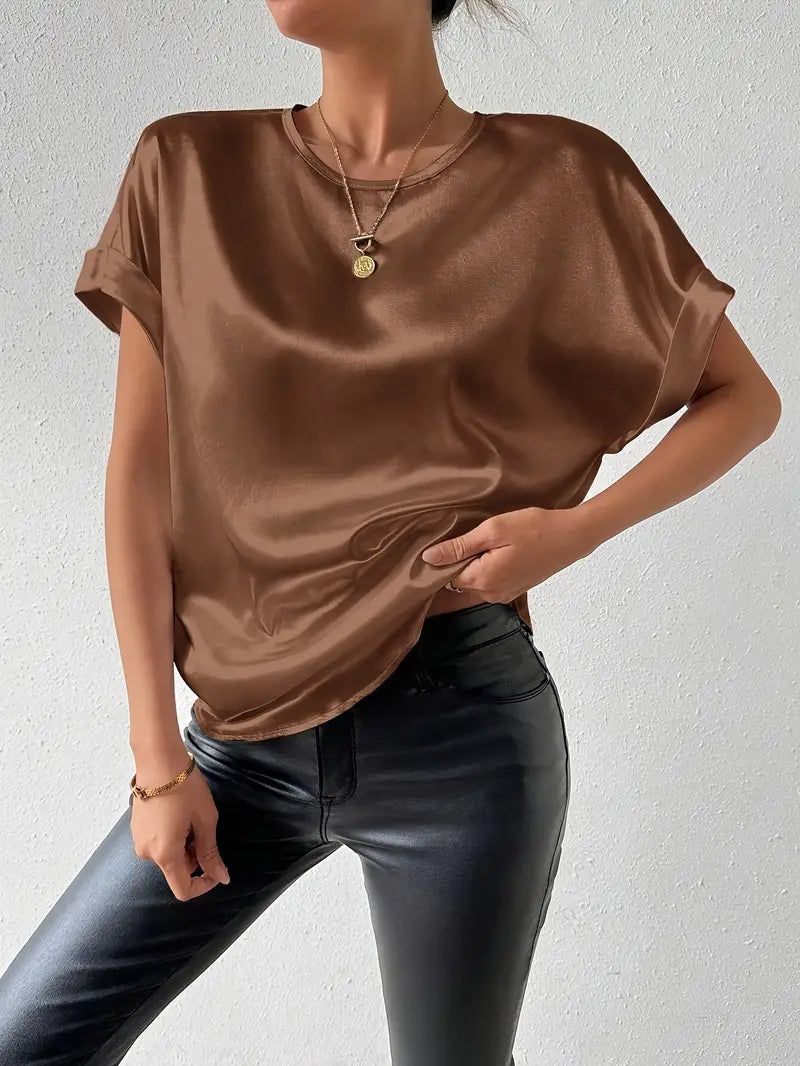 Heidi-Mode | Satin-T-Shirt mit Umgeschlagenen Ärmeln für Damen